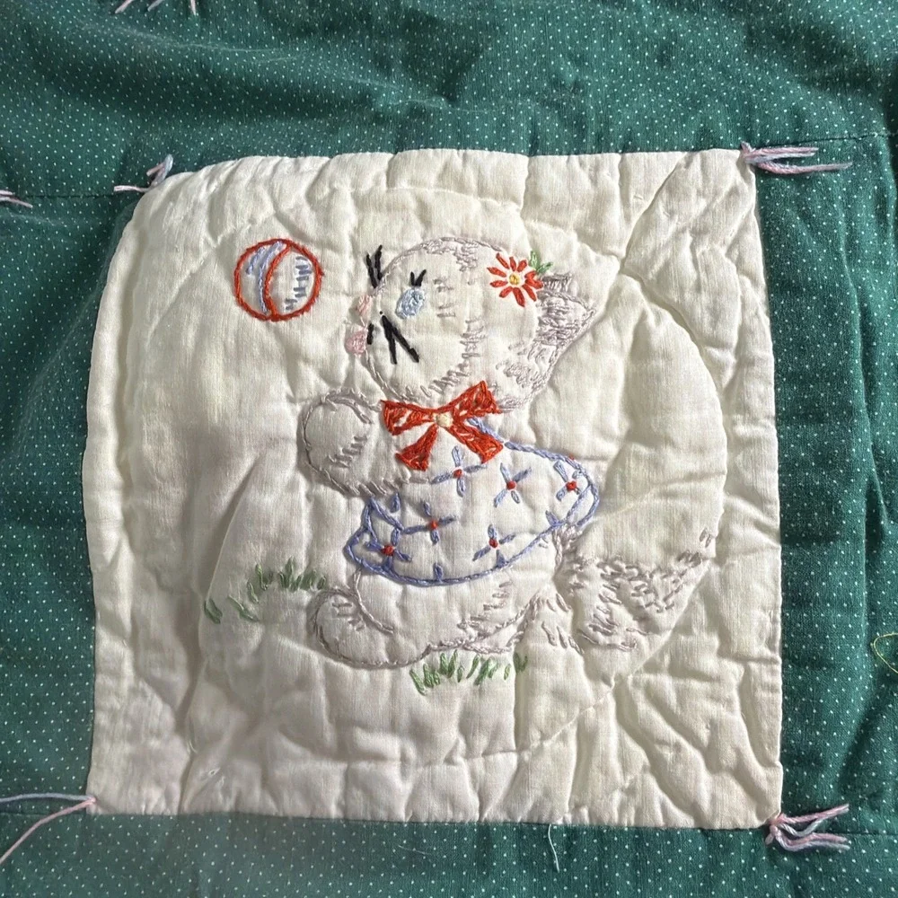 Vintage Handmade Embroidered Crib Quilt Playful Animals Green White